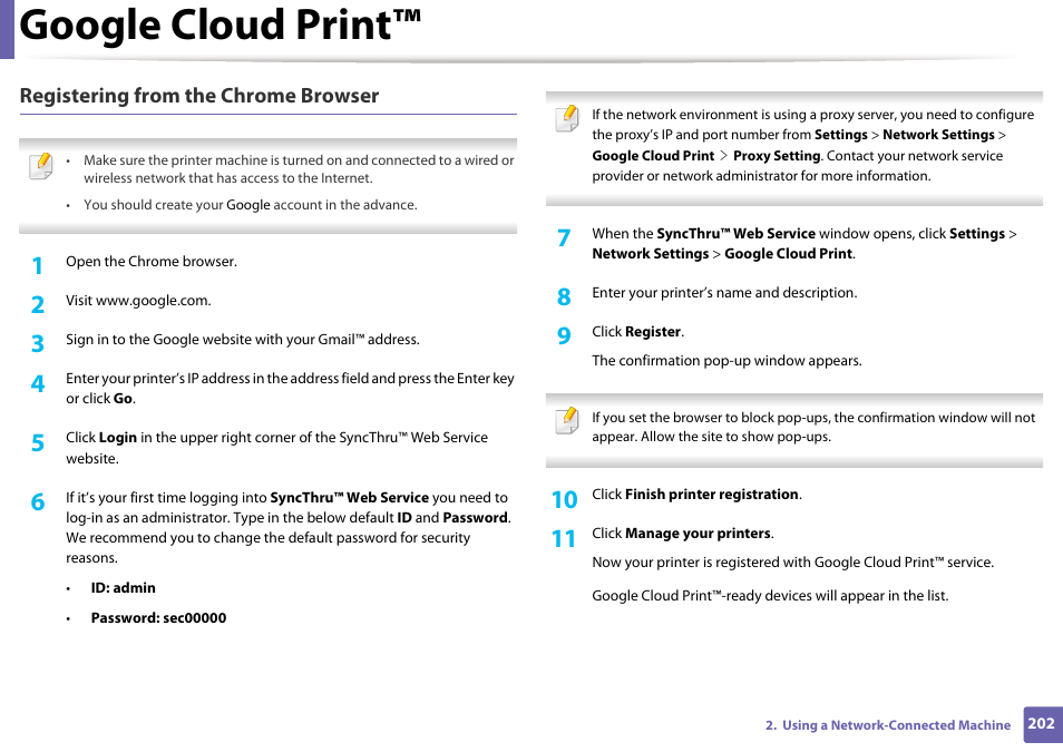 Google cloud print, Registering from the chrome browser | Samsung SL-C1810W-XAA User Manual | Page 202 / 308