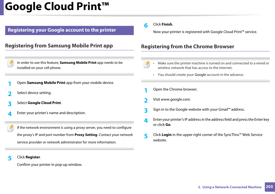 Google cloud print, Registering from samsung mobile print app, Registering from the chrome browser | Registering your google account to the printer | Samsung SL-C1810W-XAA User Manual | Page 203 / 308