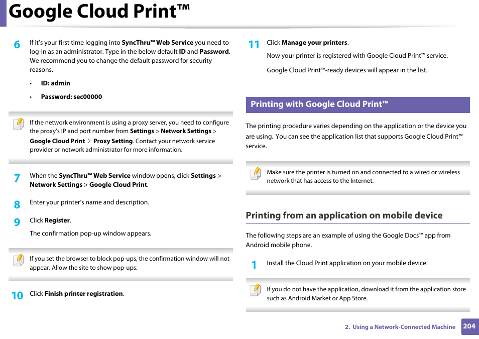 Google cloud print, Printing from an application on mobile device, Printing with google cloud print | Samsung SL-C1810W-XAA User Manual | Page 204 / 308