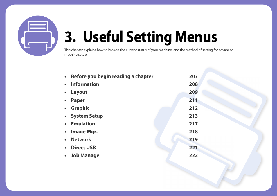 Useful setting menus | Samsung SL-C1810W-XAA User Manual | Page 206 / 308
