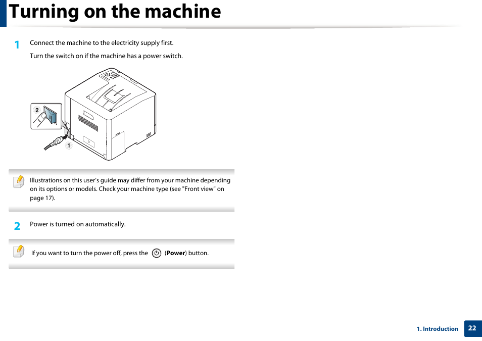 Turning on the machine | Samsung SL-C1810W-XAA User Manual | Page 22 / 308