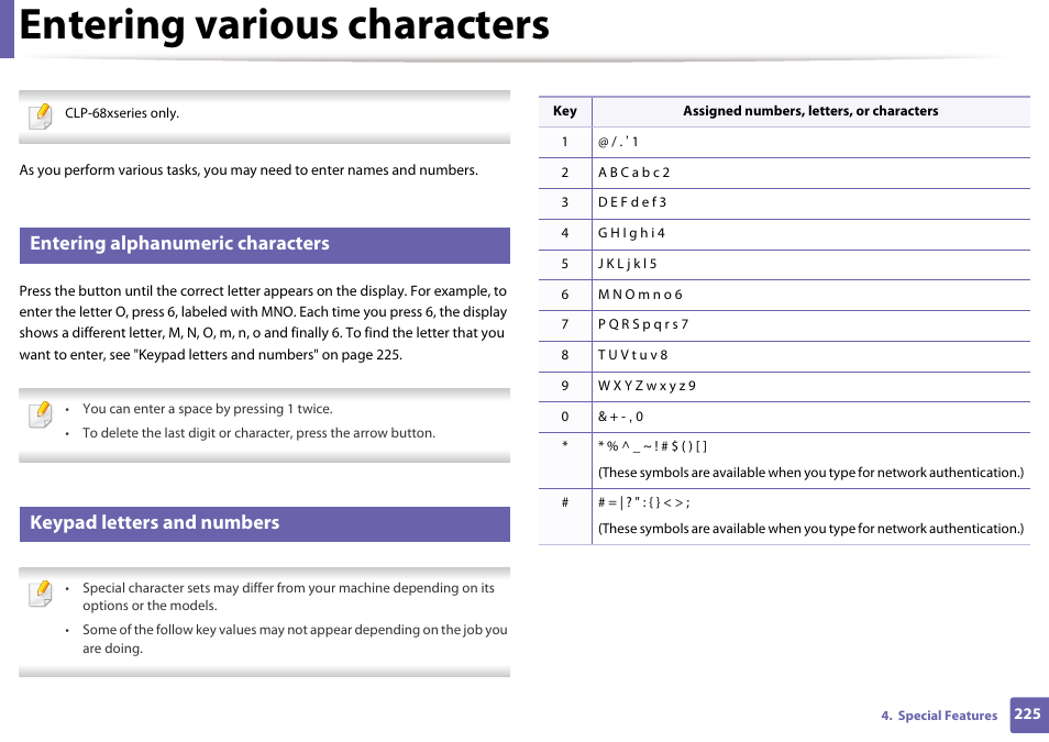 Entering various characters, Entering alphanumeric characters, Keypad letters and numbers | Samsung SL-C1810W-XAA User Manual | Page 225 / 308