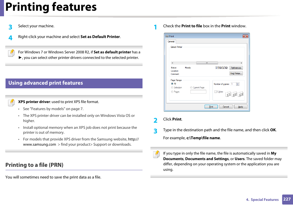 Printing features, Printing to a file (prn), Using advanced print features | Samsung SL-C1810W-XAA User Manual | Page 227 / 308