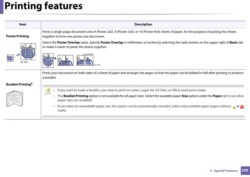 Printing features | Samsung SL-C1810W-XAA User Manual | Page 229 / 308