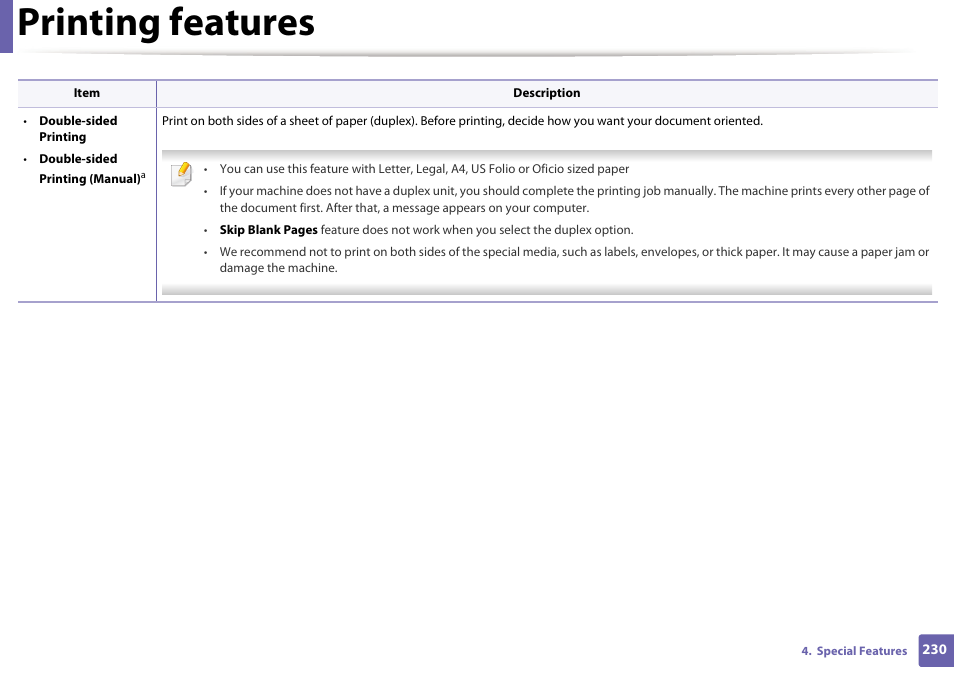 Printing features | Samsung SL-C1810W-XAA User Manual | Page 230 / 308