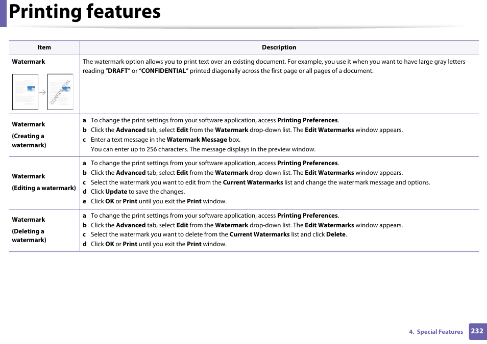 Printing features | Samsung SL-C1810W-XAA User Manual | Page 232 / 308