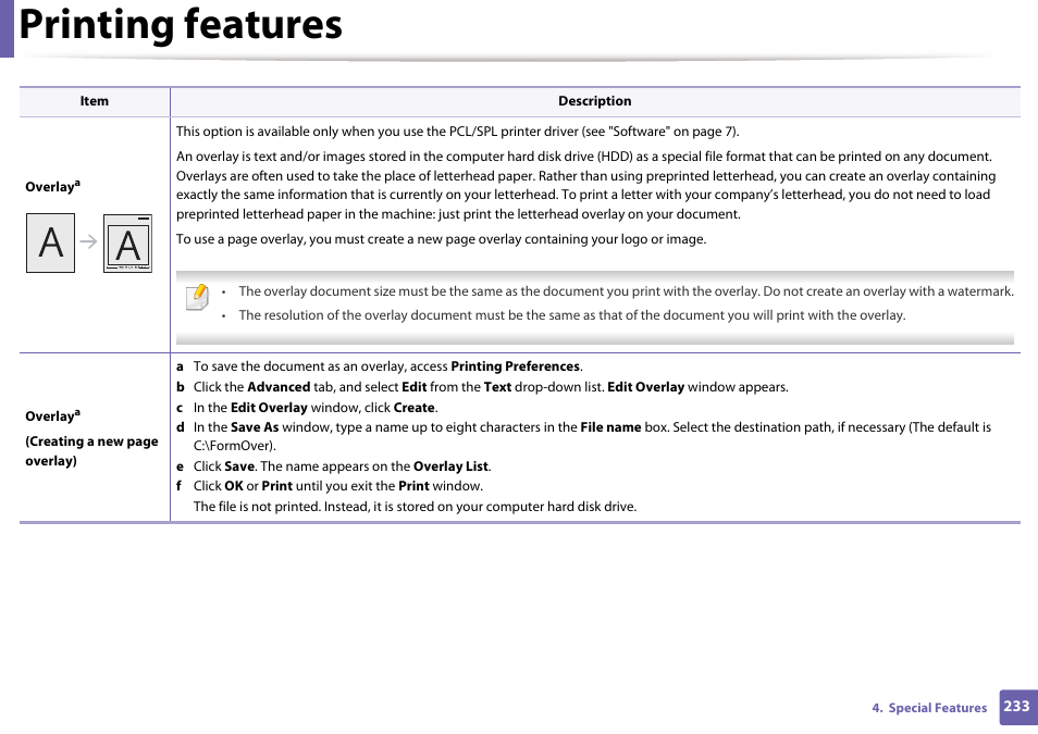 Printing features | Samsung SL-C1810W-XAA User Manual | Page 233 / 308
