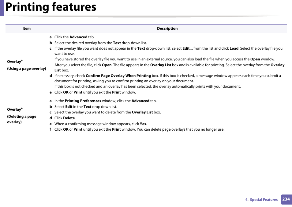 Printing features | Samsung SL-C1810W-XAA User Manual | Page 234 / 308