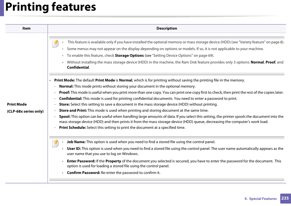 Printing features | Samsung SL-C1810W-XAA User Manual | Page 235 / 308
