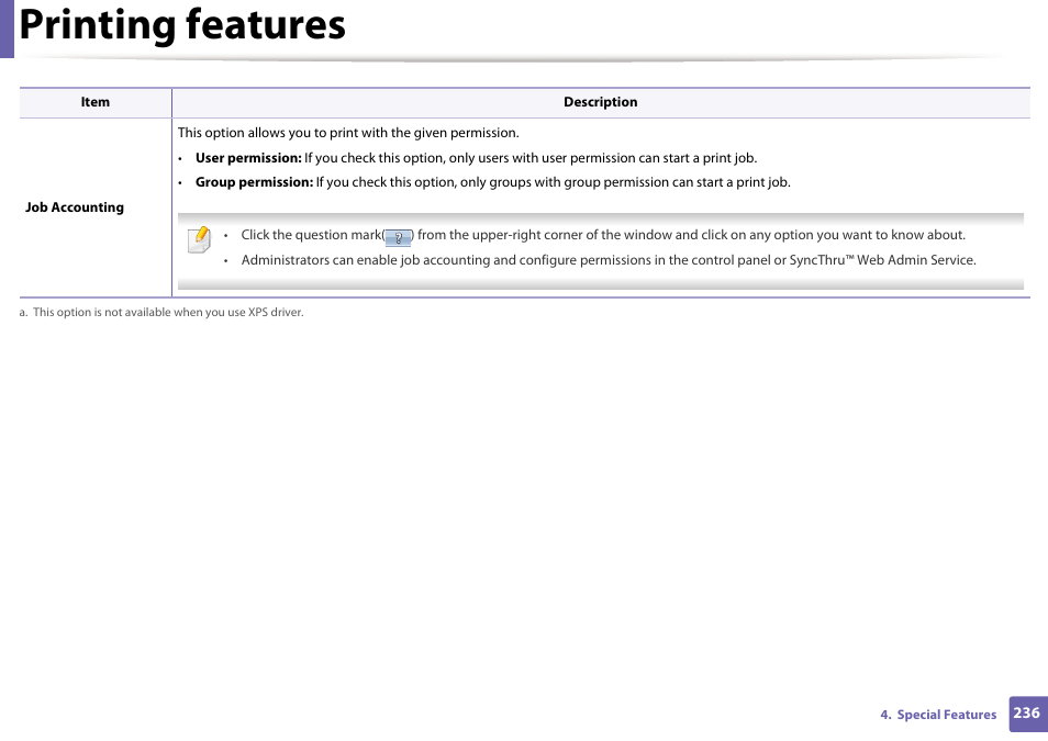 Printing features | Samsung SL-C1810W-XAA User Manual | Page 236 / 308