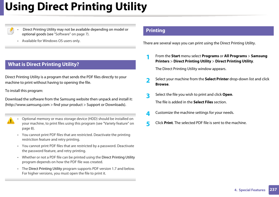 Using direct printing utility, What is direct printing utility, Printing | Samsung SL-C1810W-XAA User Manual | Page 237 / 308
