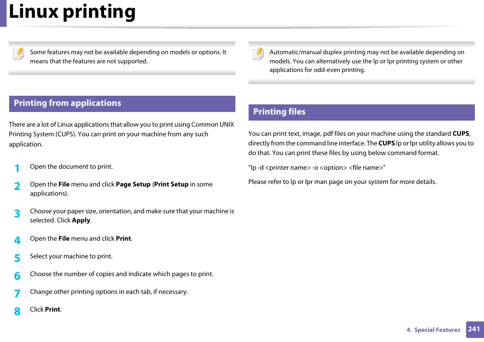 Linux printing, Printing from applications, Printing files | Samsung SL-C1810W-XAA User Manual | Page 241 / 308