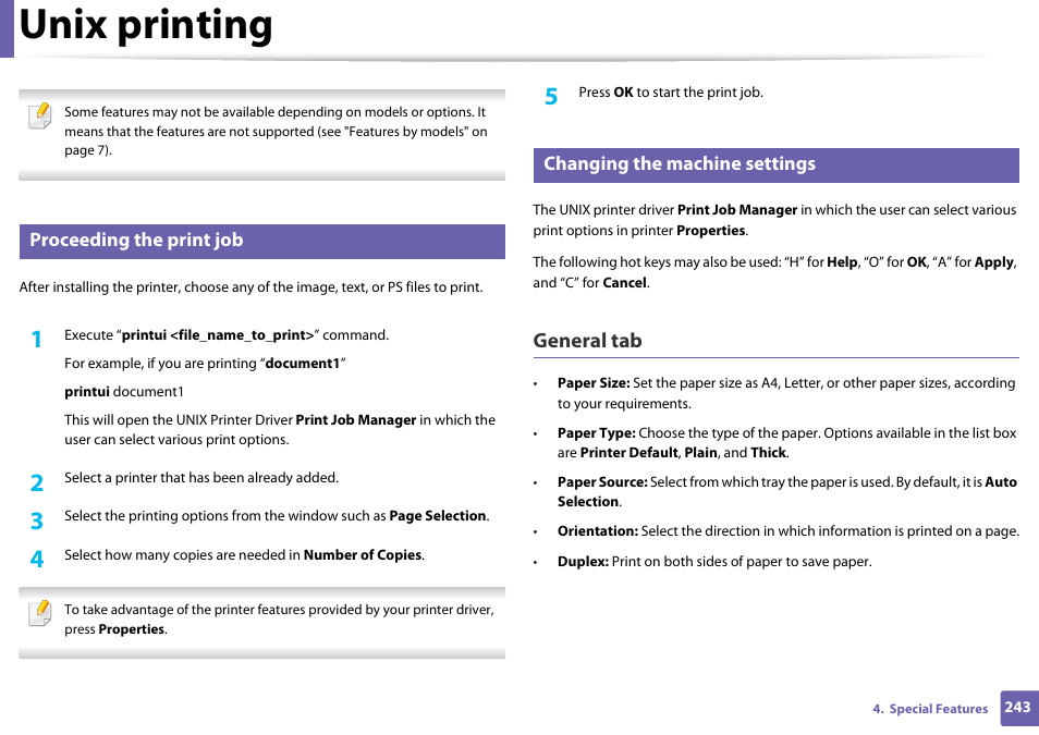 Unix printing, General tab, Proceeding the print job | Changing the machine settings | Samsung SL-C1810W-XAA User Manual | Page 243 / 308