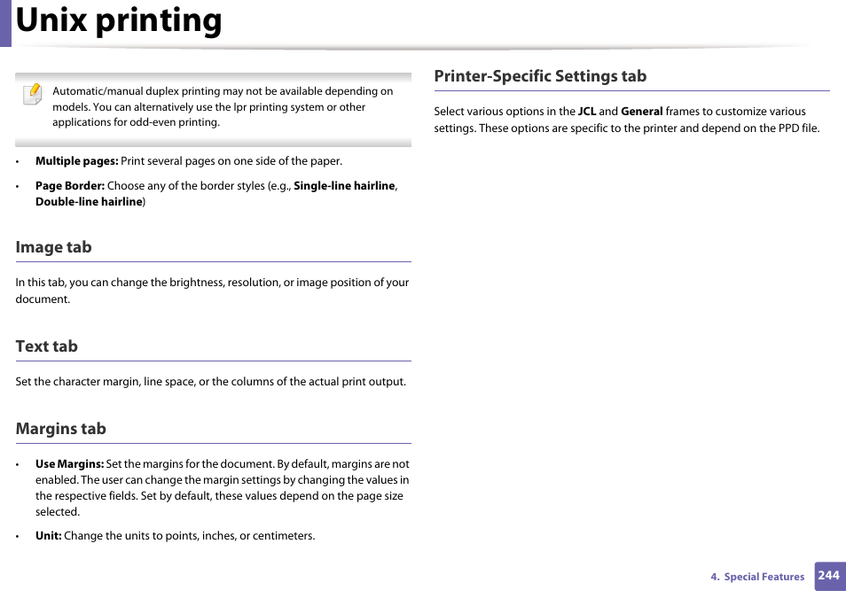 Unix printing, Image tab, Text tab | Margins tab, Printer-specific settings tab | Samsung SL-C1810W-XAA User Manual | Page 244 / 308