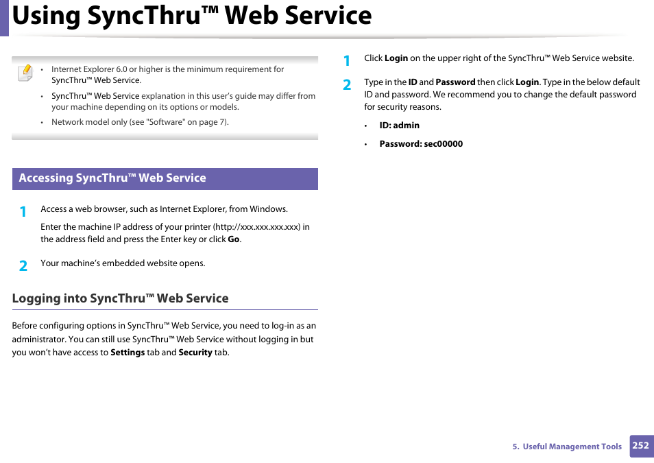 Using syncthru™ web service, Logging into syncthru™ web service, Accessing syncthru™ web service | Samsung SL-C1810W-XAA User Manual | Page 252 / 308