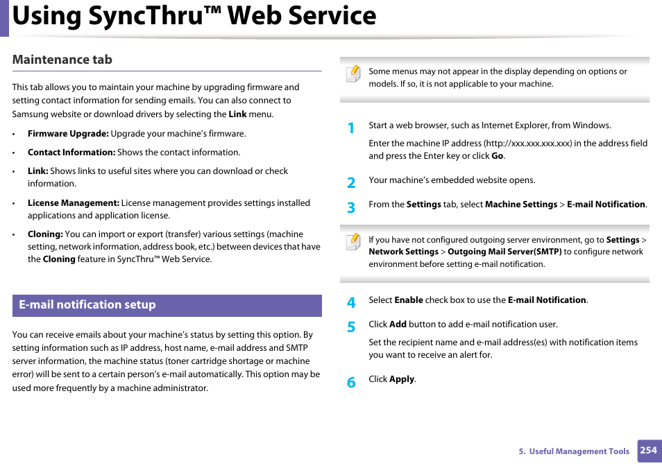 Using syncthru™ web service, Maintenance tab, E-mail notification setup | Samsung SL-C1810W-XAA User Manual | Page 254 / 308