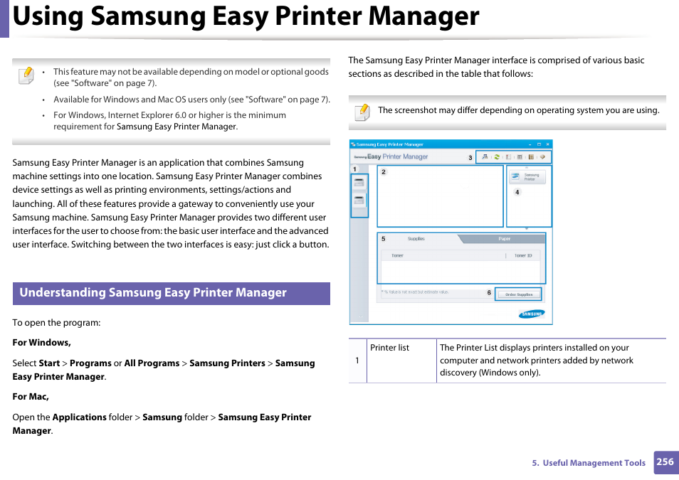 Using samsung easy printer manager, Understanding samsung easy printer manager | Samsung SL-C1810W-XAA User Manual | Page 256 / 308
