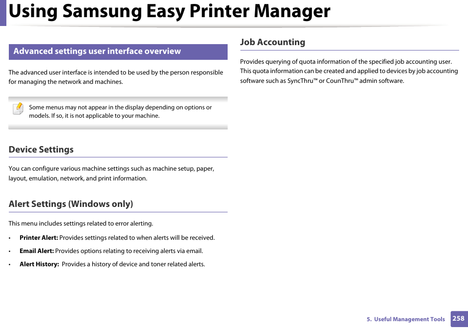 See "device, Using samsung easy printer manager, Device settings | Alert settings (windows only), Job accounting, Advanced settings user interface overview | Samsung SL-C1810W-XAA User Manual | Page 258 / 308