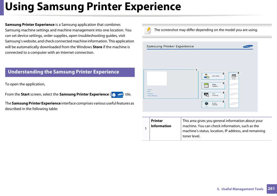 Using samsung printer experience, Understanding the samsung printer experience | Samsung SL-C1810W-XAA User Manual | Page 261 / 308