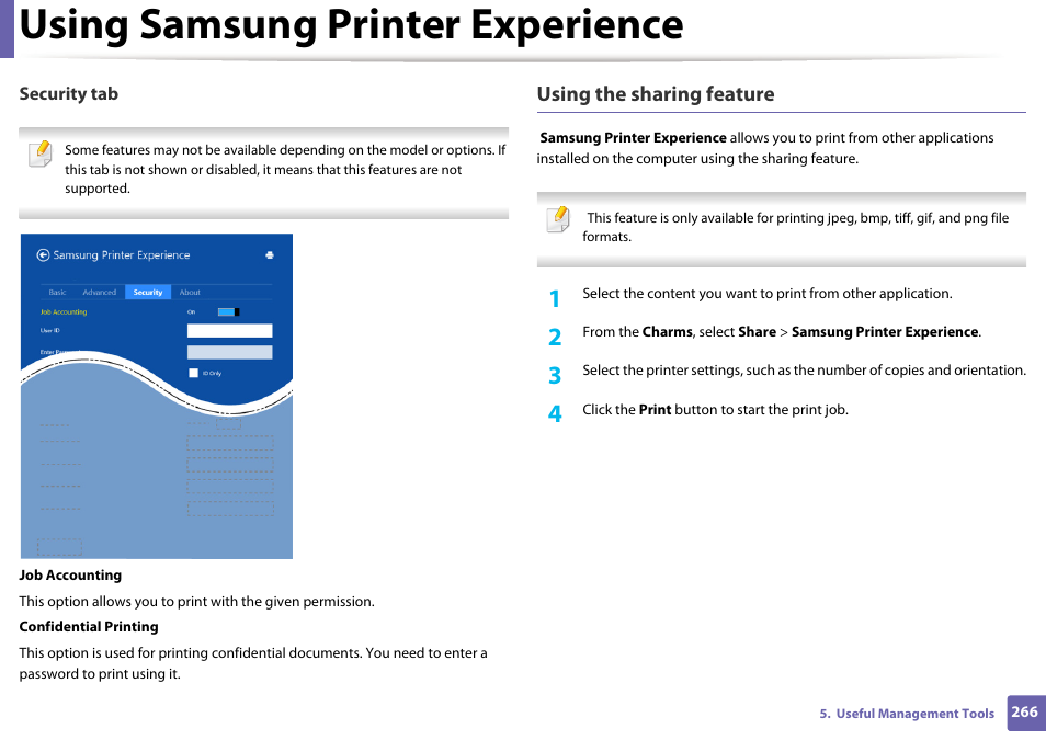 Using samsung printer experience, Using the sharing feature | Samsung SL-C1810W-XAA User Manual | Page 266 / 308