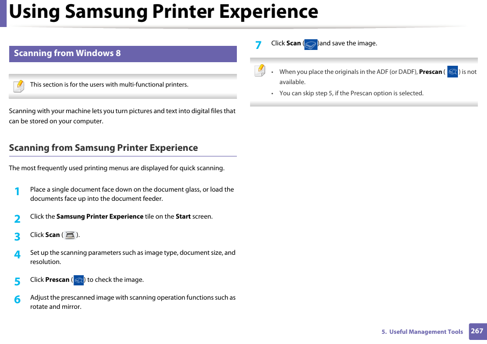 Using samsung printer experience, Scanning from samsung printer experience, Scanning from windows 8 | Samsung SL-C1810W-XAA User Manual | Page 267 / 308