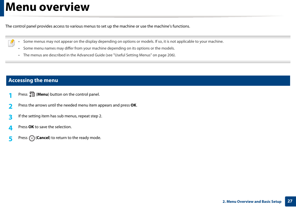 Menu overview | Samsung SL-C1810W-XAA User Manual | Page 27 / 308
