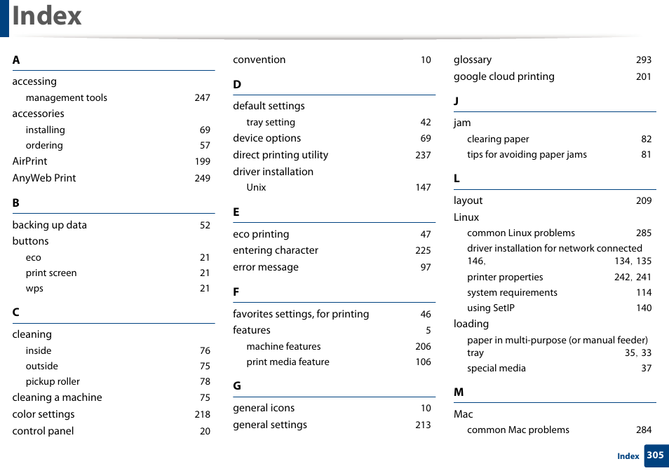 Index | Samsung SL-C1810W-XAA User Manual | Page 305 / 308