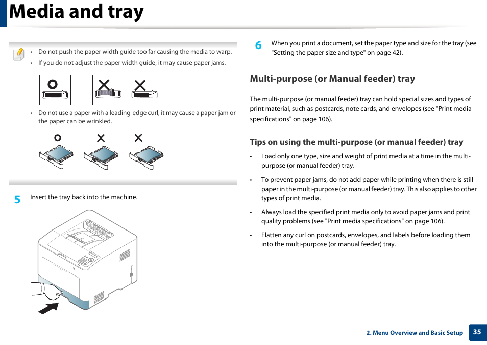Media and tray, Multi-purpose (or manual feeder) tray | Samsung SL-C1810W-XAA User Manual | Page 35 / 308