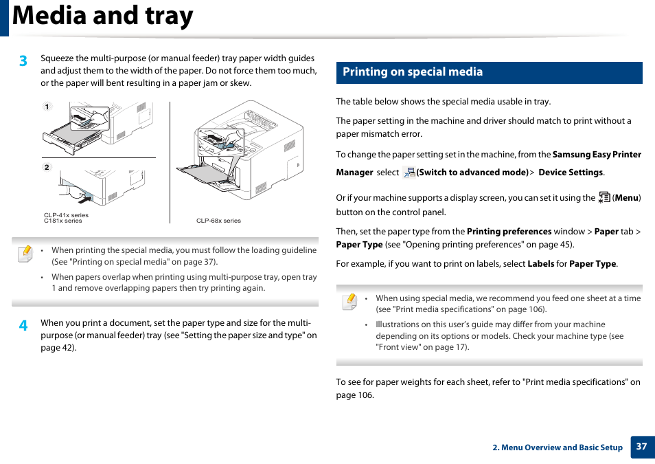 Media and tray, Printing on special media | Samsung SL-C1810W-XAA User Manual | Page 37 / 308