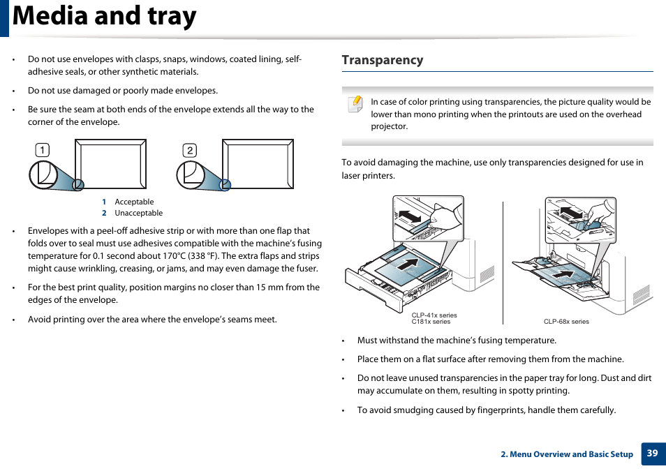 Media and tray, Transparency | Samsung SL-C1810W-XAA User Manual | Page 39 / 308