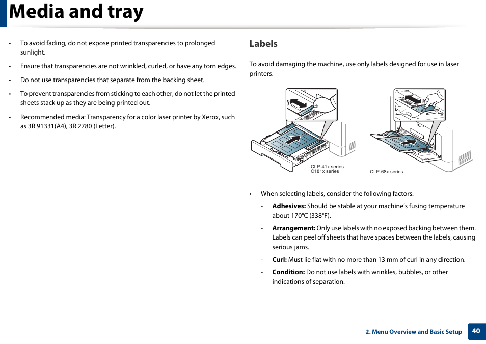 Media and tray, Labels | Samsung SL-C1810W-XAA User Manual | Page 40 / 308