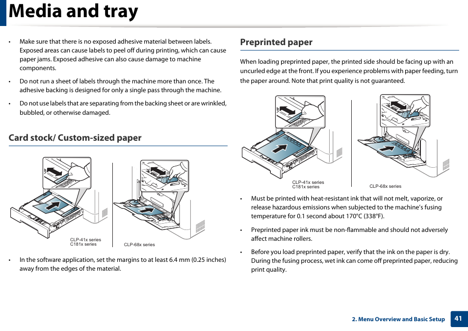 Media and tray, Card stock/ custom-sized paper, Preprinted paper | Samsung SL-C1810W-XAA User Manual | Page 41 / 308