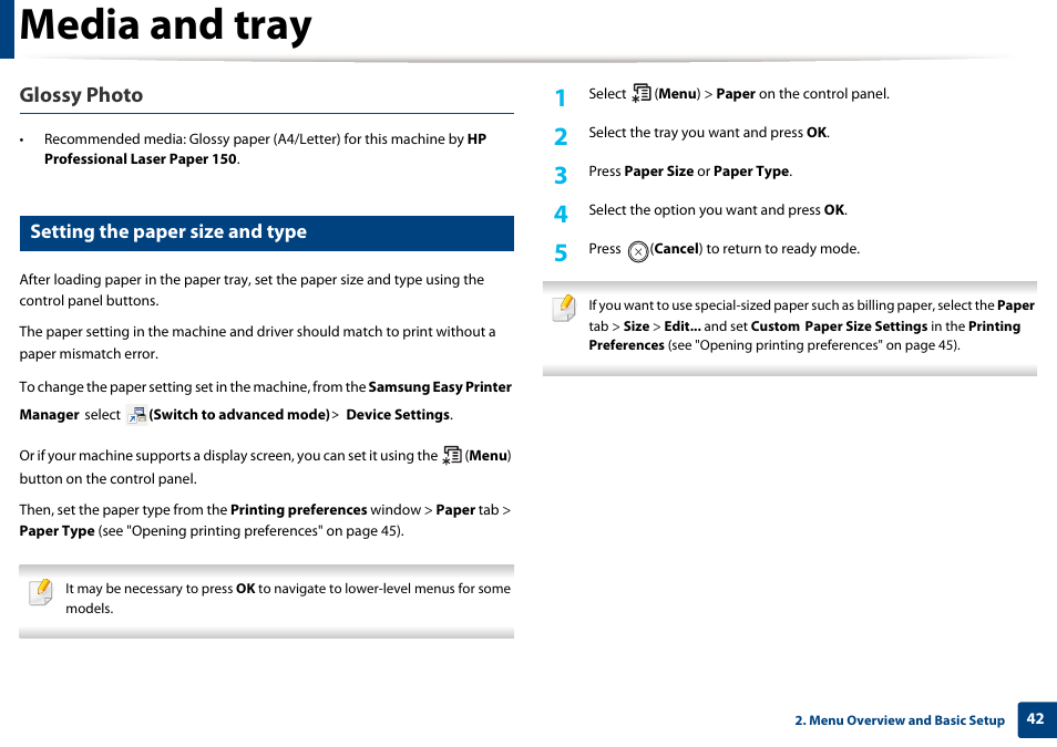Media and tray, Glossy photo, Setting the paper size and type | Samsung SL-C1810W-XAA User Manual | Page 42 / 308