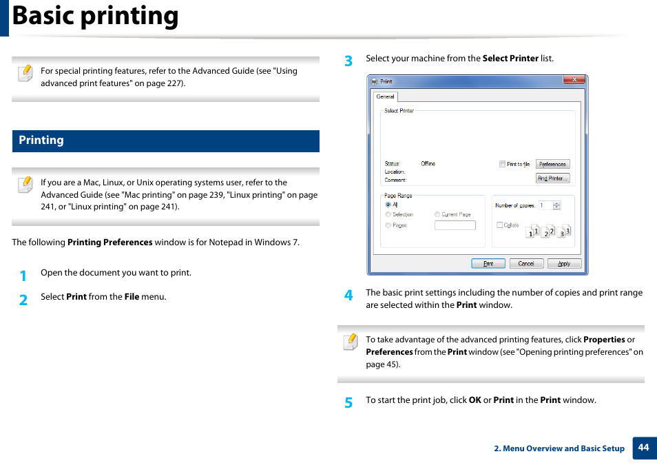 Basic printing, Printing | Samsung SL-C1810W-XAA User Manual | Page 44 / 308
