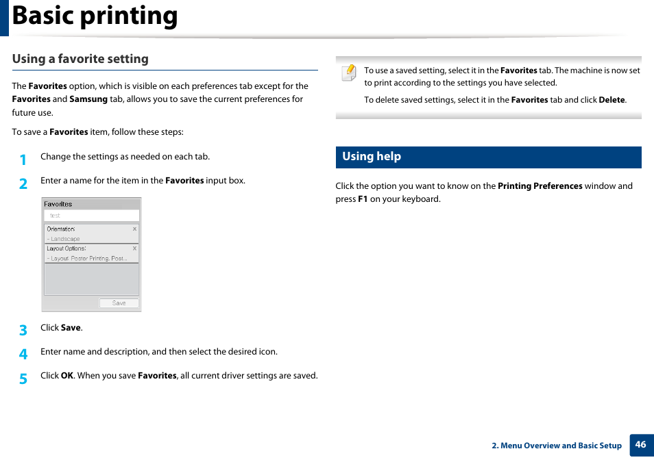 Basic printing, Using a favorite setting | Samsung SL-C1810W-XAA User Manual | Page 46 / 308