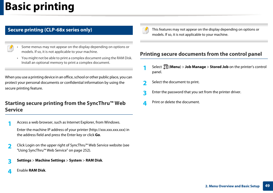 Basic printing, Printing secure documents from the control panel | Samsung SL-C1810W-XAA User Manual | Page 49 / 308