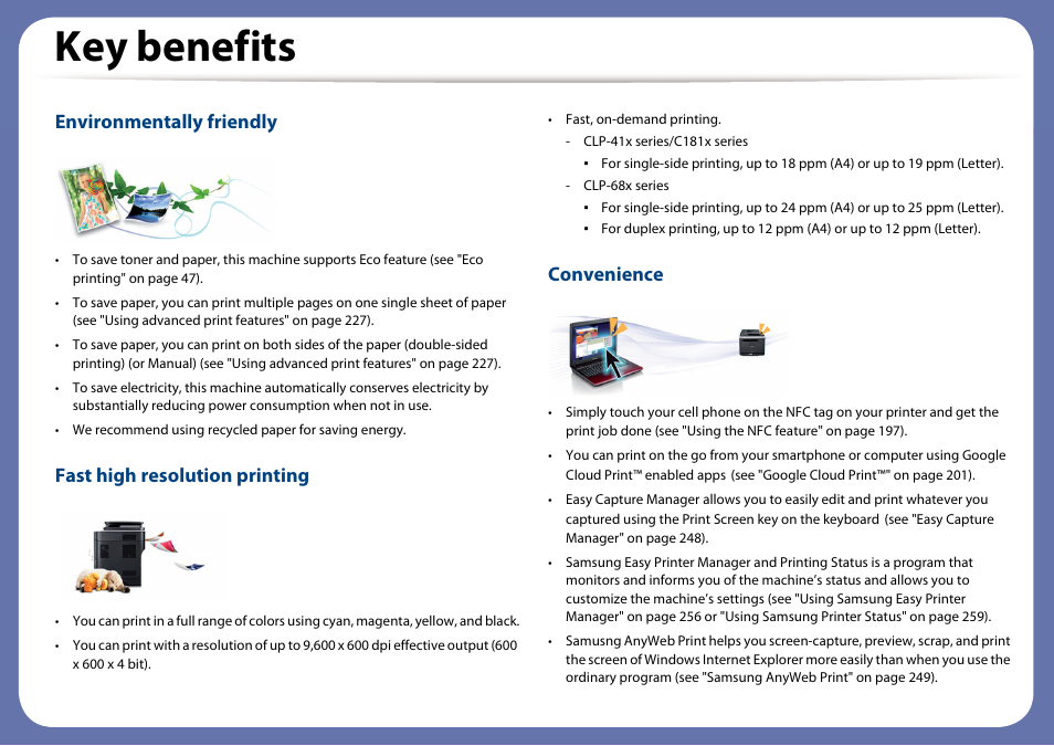 Key benefits, Environmentally friendly, Fast high resolution printing | Convenience | Samsung SL-C1810W-XAA User Manual | Page 5 / 308