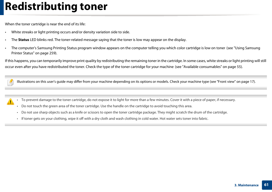 Redistributing toner | Samsung SL-C1810W-XAA User Manual | Page 61 / 308