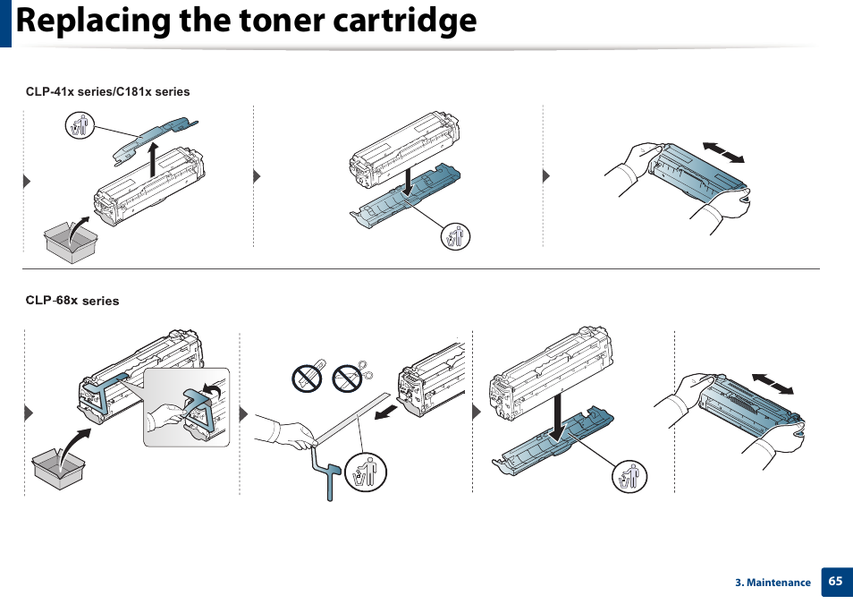 Replacing the toner cartridge | Samsung SL-C1810W-XAA User Manual | Page 65 / 308