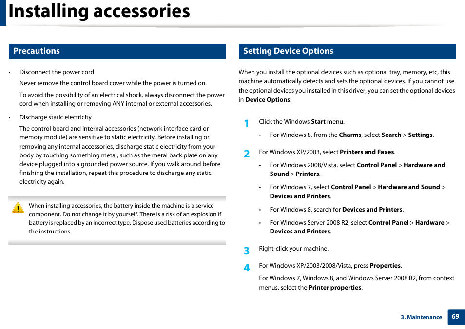 Installing accessories, Precautions, Setting device options | Samsung SL-C1810W-XAA User Manual | Page 69 / 308