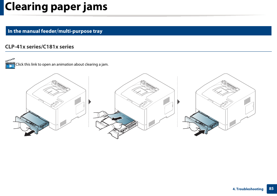 Clearing paper jams | Samsung SL-C1810W-XAA User Manual | Page 85 / 308
