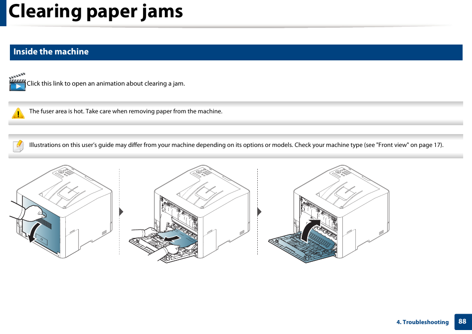 Clearing paper jams, Inside the machine | Samsung SL-C1810W-XAA User Manual | Page 88 / 308