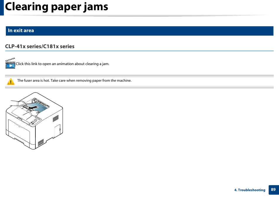 Clearing paper jams | Samsung SL-C1810W-XAA User Manual | Page 89 / 308