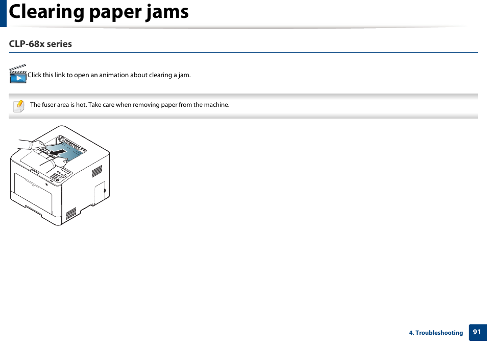 Clearing paper jams, Clp-68x series | Samsung SL-C1810W-XAA User Manual | Page 91 / 308