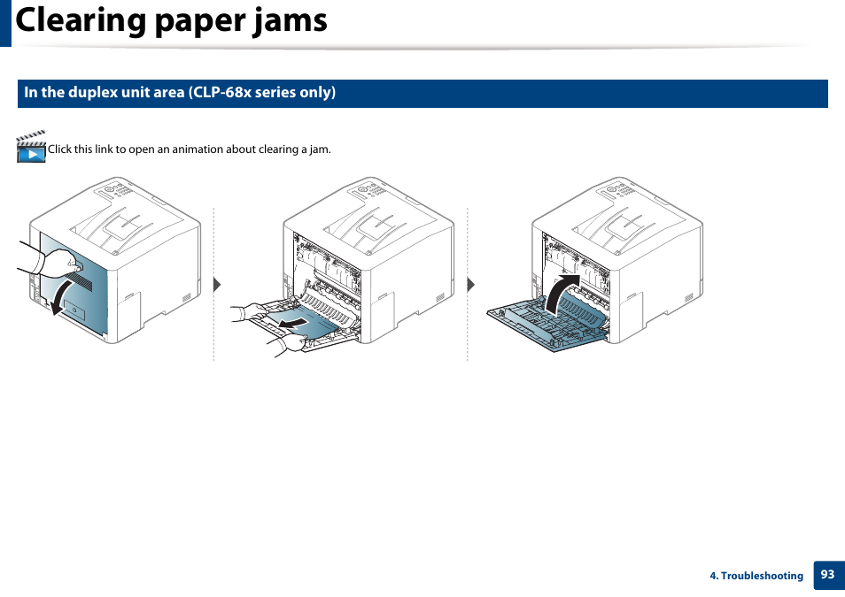 Clearing paper jams | Samsung SL-C1810W-XAA User Manual | Page 93 / 308