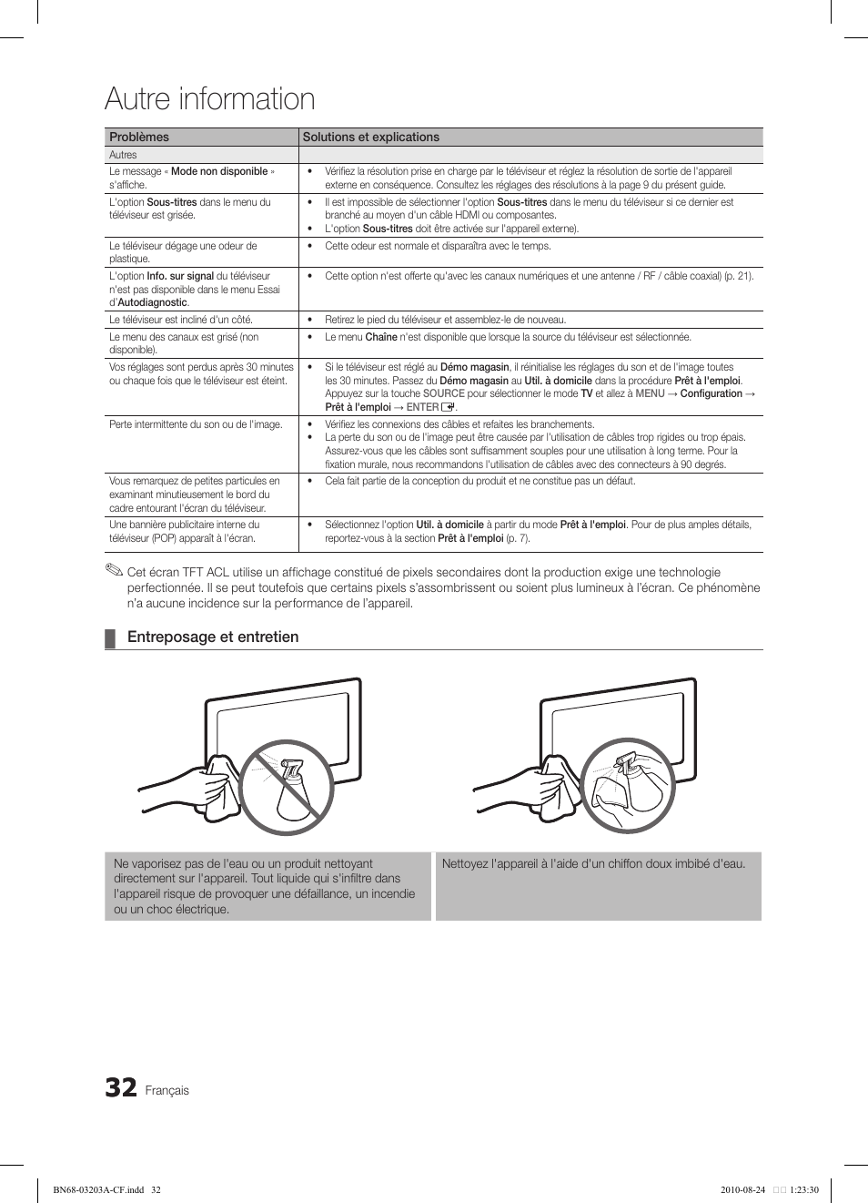 Autre information, Entreposage et entretien | Samsung LN22C500B2FXZA User Manual | Page 102 / 105