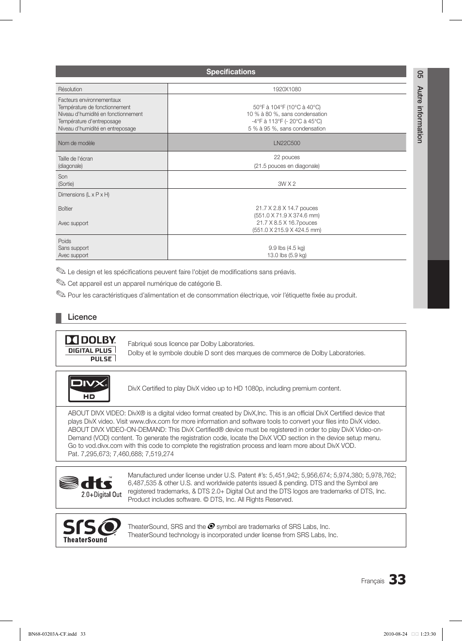 Samsung LN22C500B2FXZA User Manual | Page 103 / 105