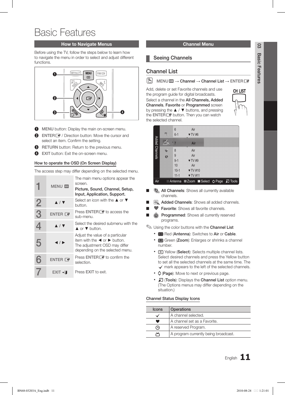 Basic features, Channel list | Samsung LN22C500B2FXZA User Manual | Page 11 / 105