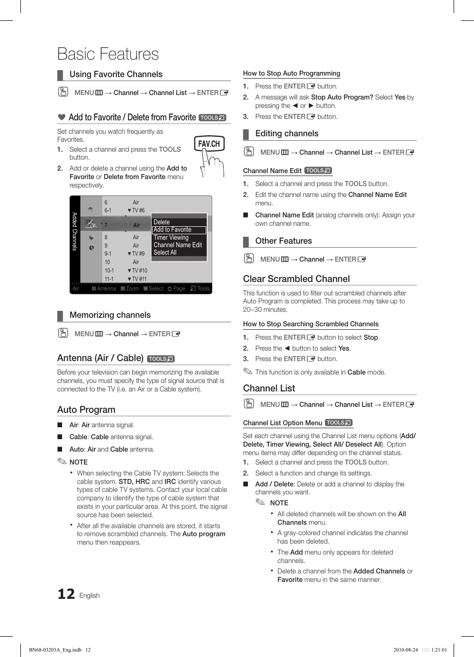 Basic features, Add to favorite / delete from favorite, Antenna (air / cable) | Auto program, Clear scrambled channel, Channel list | Samsung LN22C500B2FXZA User Manual | Page 12 / 105