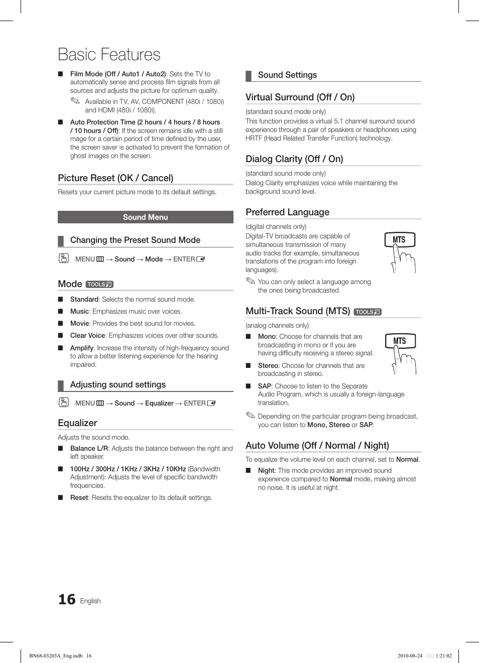 Basic features, Picture reset (ok / cancel), Mode | Equalizer, Virtual surround (off / on), Dialog clarity (off / on), Preferred language, Multi-track sound (mts), Auto volume (off / normal / night) | Samsung LN22C500B2FXZA User Manual | Page 16 / 105